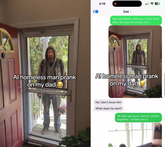 최근 SNS에서는 인공지능(AI)를 활용해 마치 집에 낯선 사람이 침입한 것처럼 사진을 만들어내고, 이를 가족에게 보내 반응을 보는 'AI 노숙자 장난' 챌린지가 유행하고 있다. 사진 틱톡 캡처