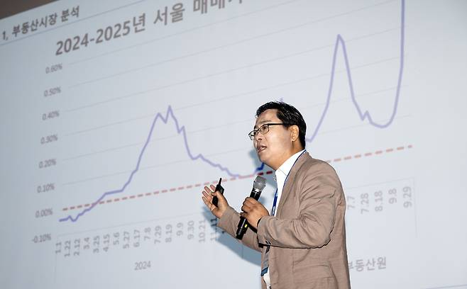 김인만 김인만 부동산연구소 대표가 17일 서울 강남구 코엑스 그랜드볼룸에서 열린 ‘헤럴드머니페스타 2025’에서 ‘2026년 살아남을 부동산 성공전략’을 주제로 강연을 하고 있다. 오는 17일까지 양일간 열리는 ‘헤럴드머니페스타 2025’는 ‘웰스 내비게이션’ 주제로 돈의 흐름과 자산의 맥을 짚어나가는 축제의 자리로 처음으로 월급을 모으는 2030 재테크 초심자부터 자산 승계나 절세를 염두에 둔 5060 재테크 고수까지 다양한 계층을 위한 주식·부동산·금융상품·절세·가상자산 등 재테크와 관련한 모든 정보가 총망라된다. 임세준 기자