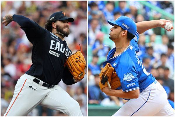 18일 대전 한화생명 볼파크에서 열리는 프로야구 플레이오프 1차전에 선발로 나설 한화이글스 코디 폰세(왼쪽)와 삼성라이온즈 헤르손 가라비토. 사진=연합뉴스