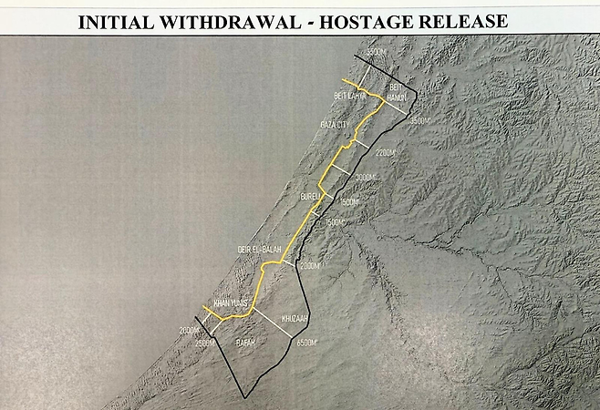 지난 10일 발효된 휴전 합의로 이스라엘군은 지도에 표시된 ‘황색 선’(Yellow Line) 너머로 철수했다. 이스라엘군은 여전히 가자지구 영토 53%를 통제하고 있다. 출처 도널드 트럼프 미국 대통령 트루스소셜 계정