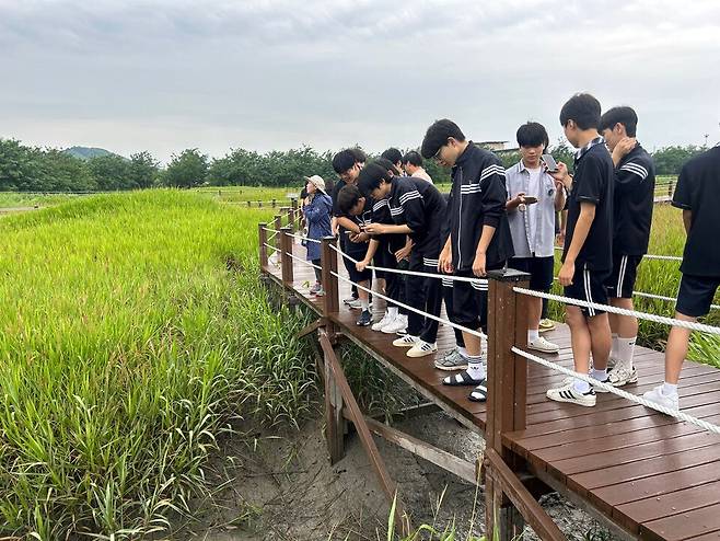 ▲ 함현고등학교 학생들이 '생태전환 체험학습'에 참여하고 있다. /사진제공=함현고등학교