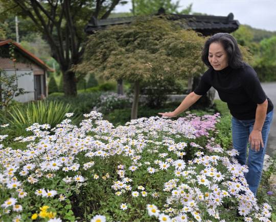 이화제 정원주 석순자 박사가 정원의 꽃들을 살펴보고 있다. 윤평호 기자