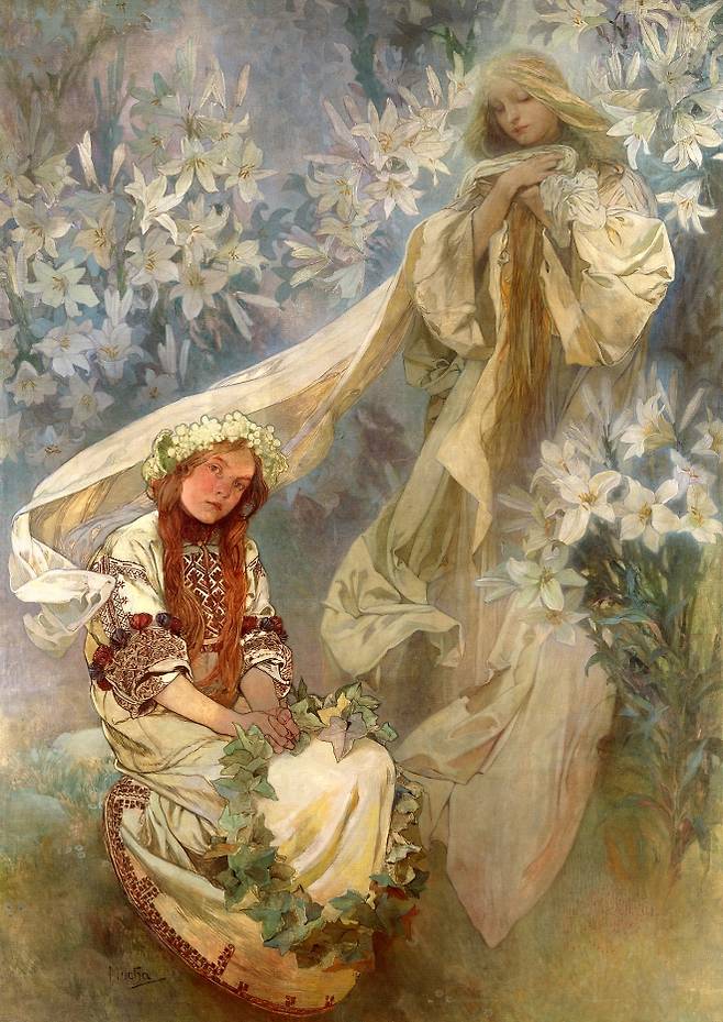 백합의 성모(Madonna of the Lilies), 1905, 캔버스에 유채 및 템페라, 247 x 182 cm, ⓒ Mucha Trust 2025.