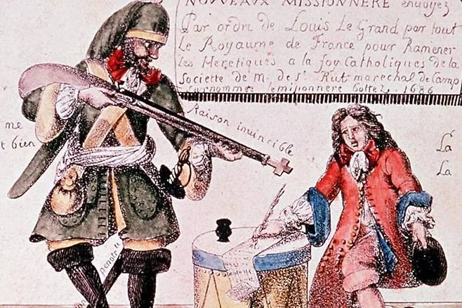 루이 14세가 낭트 칙령을 폐지하고 병사를 동원해 위그노를 강제 개종시키려고 위협하던 시대상을 풍자적으로 그려낸 삽화. 고드프루아 엥겔만이 1686년에 그렸다.