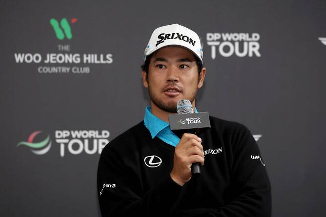 마쓰야마 히데키가 22일 충남 천안시 우정힐스 컨트리클럽에서 열린 제네시스 챔피언십 기자회견에서 질문에 답하고 있다. (사진=KPGA)