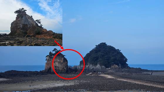 국가자연유산 명승 제69호이자 금실 좋은 노부부의 전설을 간직한 충남 태안 안면도 할미·할아비바위 중 할아비바위 일부가 무너져 내렸다. 사진은 지난 19일 할미바위 방향으로 할아비바위 윗부분 측면이 무너져 있는 모습. 연합뉴스