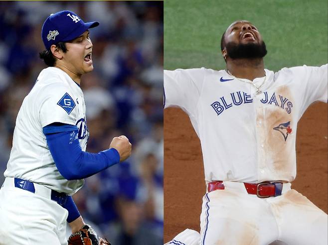 마운드에 선 오타니 쇼헤이(사진 왼쪽)와 WS 진출 확정 이후 환호하는 토론토 게레로 주니어. 연합뉴스