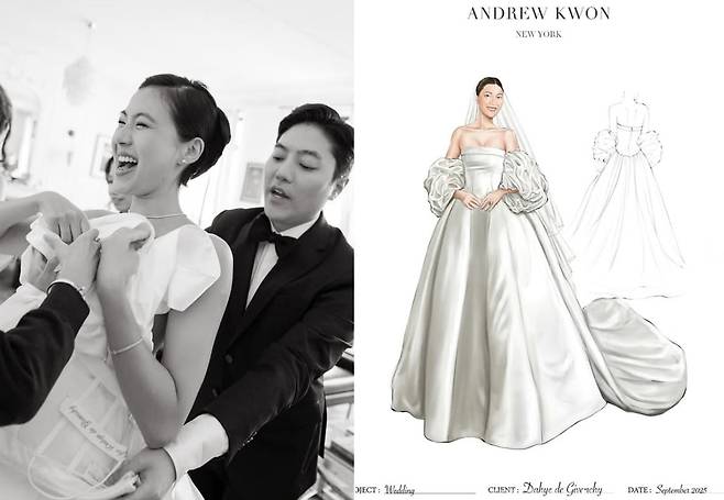 지방시 상속자와 결혼한 정다혜씨가 결혼식 당일 한국계 디자이너 앤드류 권과 함께 드레스를 피팅하는 모습./인스타그램