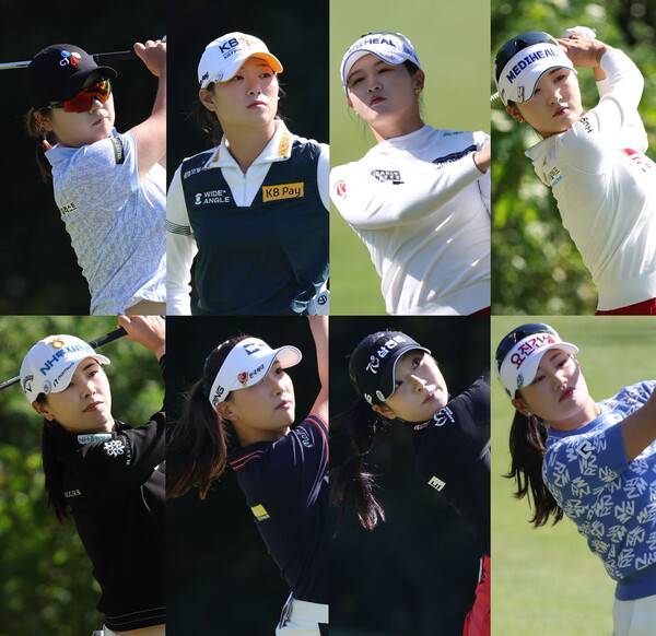 한국여자프로골프(KLPGA) 투어 2025년 신설 대회 광남일보·해피니스 오픈에 출전한 홍정민, 방신실, 박현경, 이예원, 이가영, 이율린, 유현조, 노승희 프로가 1라운드에서 경기하는 모습이다. 사진제공=KLPGA (사진을 무단으로 사용하지 마십시오.)