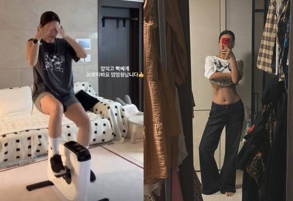 겨울 운동으로 딱 좋은 실내 자전거는 체중 감량에 효과적이다. 사진=배윤정 SNS
