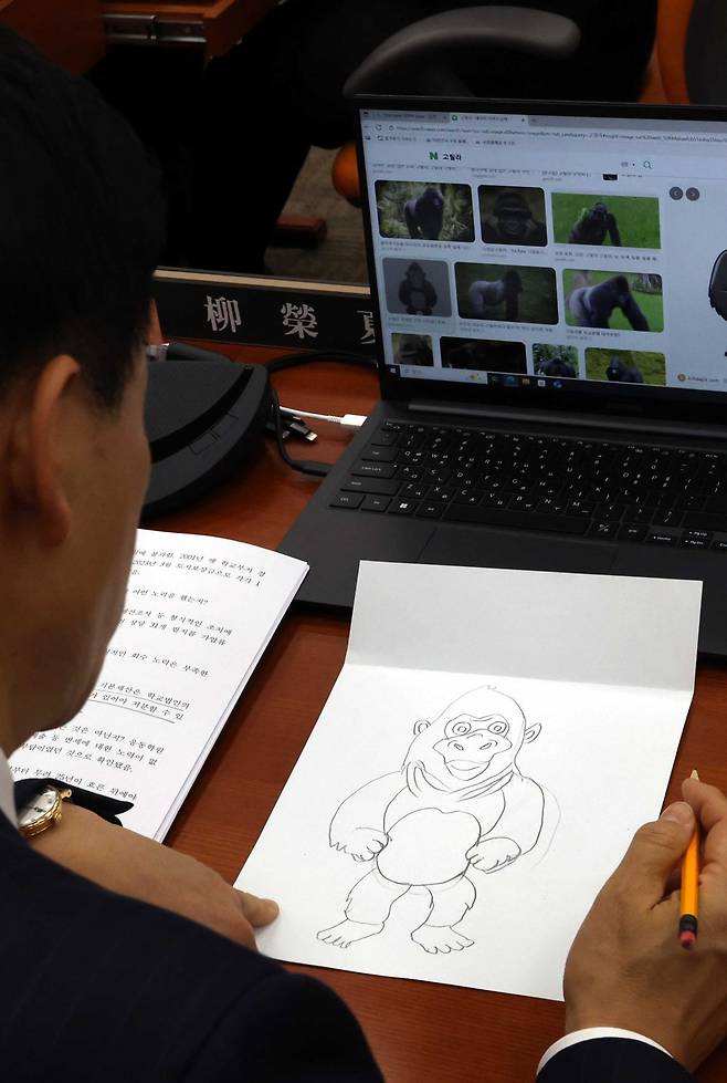 유영하 국민의힘 의원이 27일 오후 서울 여의도 국회 정무위원회에서 열린 국정감사에서 고릴라 그림을 그리고 있다. 뉴시스