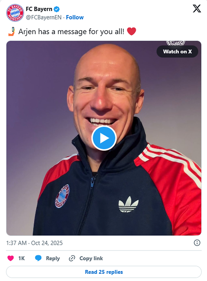 바이에른 뮌헨 SNS를 통해 팬들에게 감사 인사를 전한 로번. 사진=바이에른 뮌헨 SNS