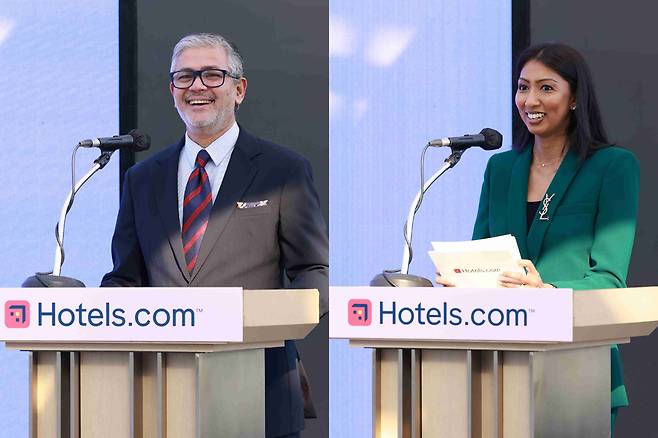 28일 서울 풀만 앰배서더 호텔에서 열린 호텔스닷컴 기자간담회에서 하리 나이르 호텔스닷컴 수석 부사장 겸 총괄(왼쪽)과 라비니아 라자람 익스피디아 그룹 글로벌 브랜드 커뮤니케이션 아시아 지역 PR 디렉터가 발표하고 있다. 호텔스닷컴 제공