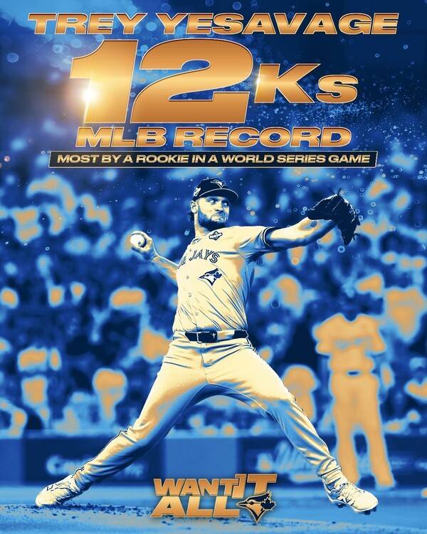 토론토 블루제이스 신인투수인 트레이 예세비지가 30일(한국시각) 미국 캘리포니아주 다저스타디움에서 열린 월드시리즈 5차전에서 7이닝 1실점 12삼진을 기록했다. 이날 성적은 MLB 최초로 신인선수가 가장 많은 탈삼진을 잡은 신기록이다. /사진=토론토 블루제이스 공식 채널