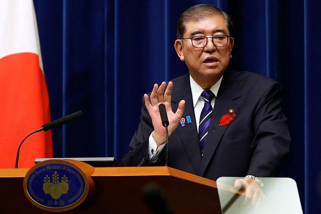 10월10일 이시바 시게루 일본 총리가 기자회견을 열고 전후 80주년 소감을 발표했다. ⓒAFP PHOTO