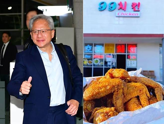 젠슨 황 엔비디아 창립자 겸 CEO가 31일 오후 경북 경주시에서 열린 아시아태평양 경제협력체(APEC) 일정을 마친 후 포항경주공항을 통해 영국 런던으로 출국하고 있다. 오른쪽은 그가 언급한 미국 실리콘밸리의 99치킨. /뉴스1·99치킨