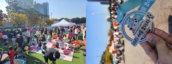 1일 오전 ‘2025 서울 유아차 런’ 결승점에 마련된 이벤트존 내 키즈카페에서 아이들이 놀이를 즐기고 있다. 오른쪽 사진은 완주 가족에게 수여된 기념 메달. / 권용훈 기자