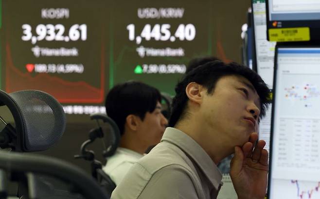 스피가 전 거래일(4121.74)보다 66.27포인트(1.61%) 내린 4055.47에 개장한 5일 서울 중구 하나은행 딜링룸에 4000 아래 떨어진 코스피 시세가 보이고 있다. ⓒ뉴시스