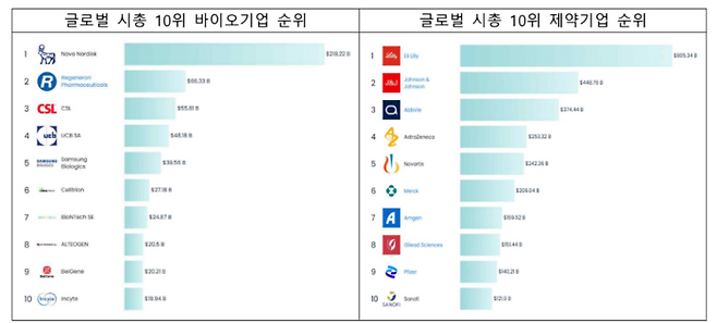 글로벌 바이오·제약기업의 시가총액 순위(출처=불핀처)