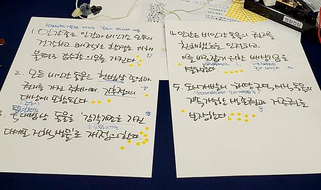 ‘사물의 의회’ 100명의 대변인(의원)들은 각 그룹의 요구안을 도출한 뒤 전체 그룹 토론을 통해 10대 요구안을 선정했다. 사진은 동물 그룹 5대 요구안. 조직위 제공