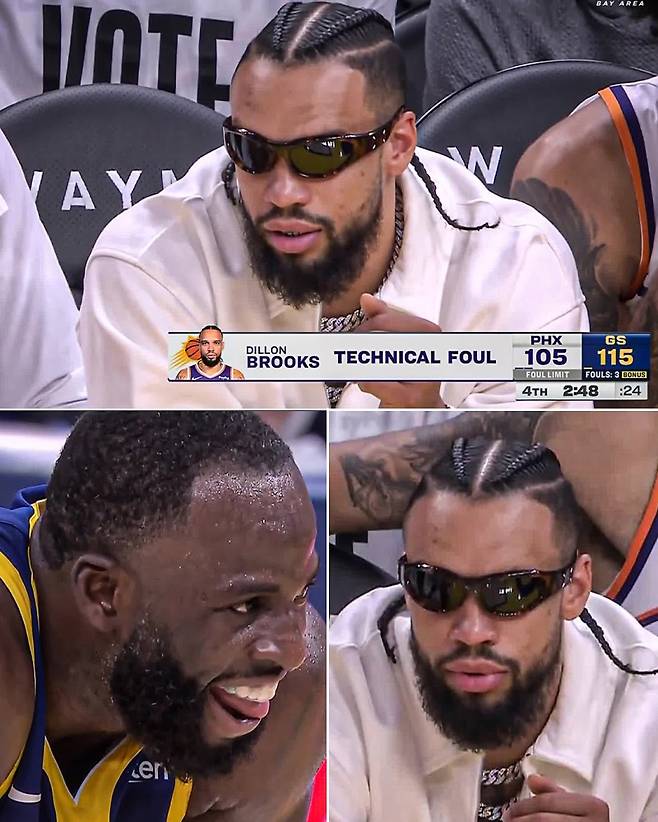 5일 체이스 센터에서 열린 골든스테이트와 피닉스의 2025~26 NBA 정규리그 경기. 4쿼터 막바지 벤치에서 경기를 지켜보던 피닉스 브룩스(위)가 심판에게 소리를 지르다 테크니컬 파울을 받은 거로 알려졌다. 사진 왼쪽은 직후 장면서 환호하고 있는 골든스테이트 그린. 사진=ESPN