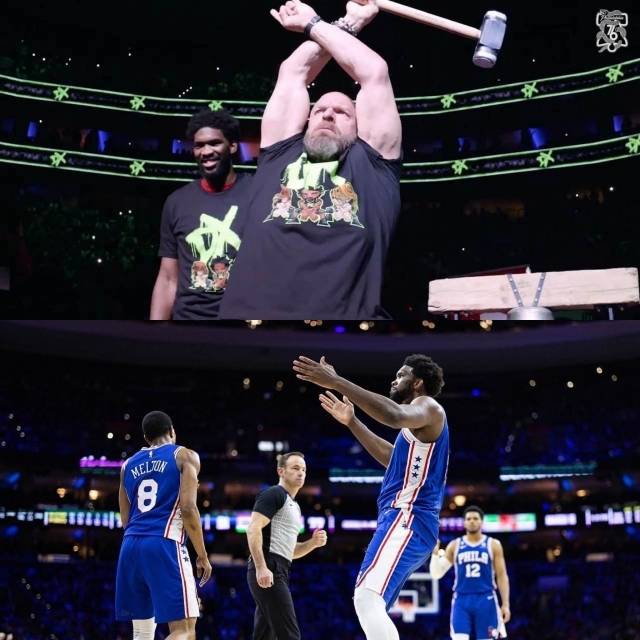 엠비드가 한 이 제스처는 미국 프로레슬링(WWE) DX의 ‘DX 찹’ 세리머니로 ‘suck it’ 세리머니로 불리기도 한다. 그는 자신의 대표 세리머니로 이걸 선택했고 이는 NBA가 원하지 않는 세리머니이기도 하다. 사진=X