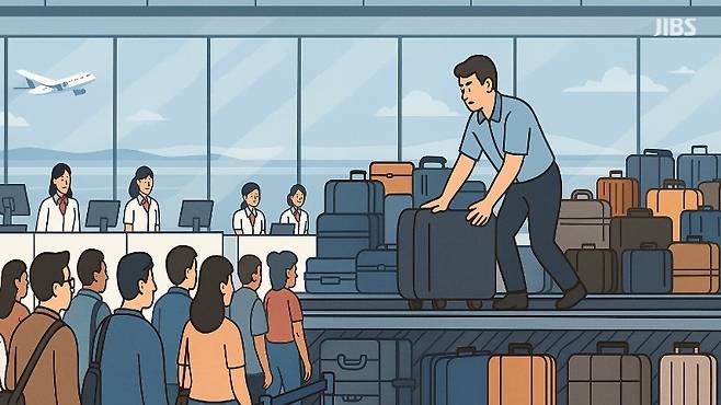 직원이 벨트 위에 서 있는 장면. 제주국제공항 출발층 수속 카운터. 멈춰 선 수하물 벨트 위로 직원이 직접 올라 짐을 밀고 있다. (편집 이미지)