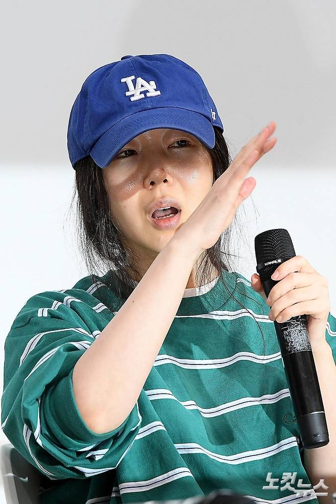 2024년 4월 25일 긴급 기자회견 당시 민희진 전 어도어 대표의 모습. 박종민 기자