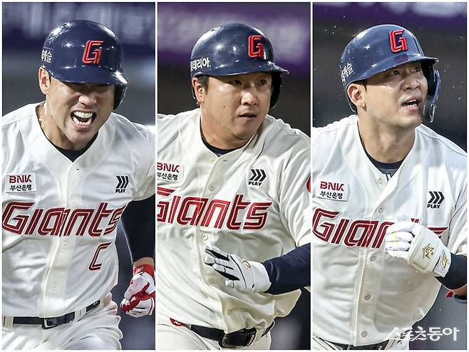 주축 선수가 대부분 저연차로 구성된 롯데가 베테랑 전준우, 정훈, 김민성(왼쪽부터)을 앞세워 체질 개선의 기반을 마련할지 주목된다. 사진제공|롯데 자이언츠