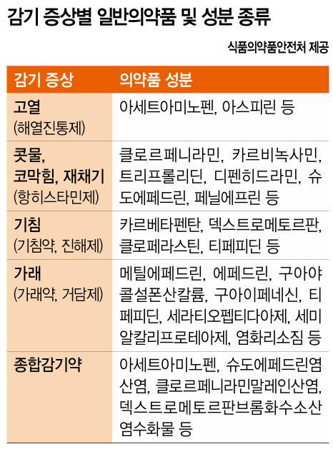 감기 증상별 일반의약품 및 성분 종류