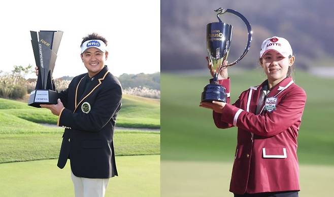 2025시즌 남녀 프로골프 마지막 대회는 같은 한연희 감독의 제자인 42세 박상현(왼쪽)과 22세 황유민의 동반 우승으로 막을 내렸다. KPGA, KLPGA 제공