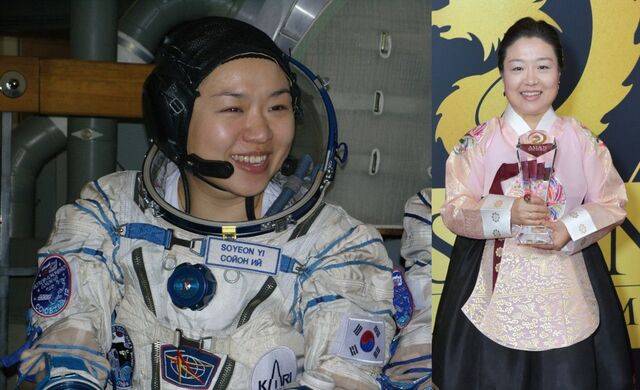 한국 최초의 우주인 이소연 박사가 2008년 4월 비행에 나서기 전 카자흐스탄 우주기지에서 소감을 밝히고 있다. 오른쪽은 이 박사가 지난 1일 미국 로스앤젤레스에서 ‘아시안 명예의 전당’ 헌액 행사에 참석한 모습. 국민일보DB, AP연합뉴스
