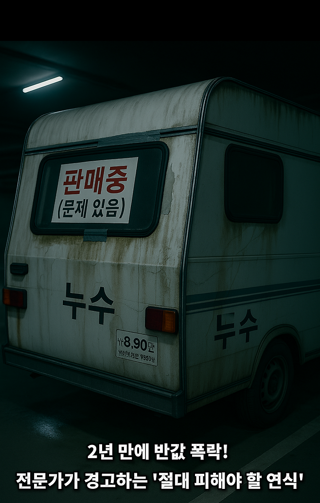 어두운 지하주차장에 세워진 노후 캠핑카 후면 외벽에 누수 자국과 곰팡이 얼룩 창문에 판매중 문제있음 표지와 하단가격 스티커가 보이는 장면