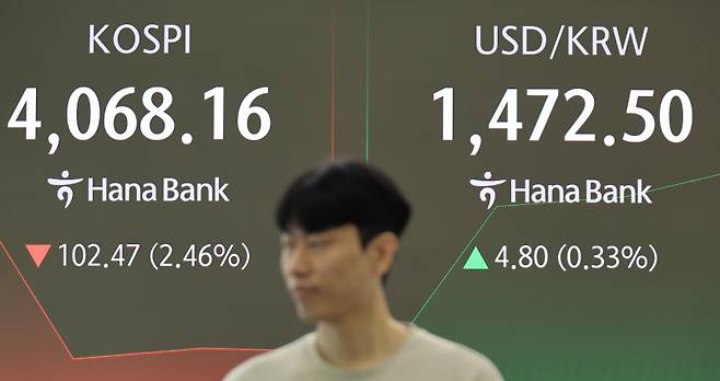 14일 서울 하나은행 본점 딜링룸 모니터에 주가와 환율이 표시되고 있다. 연합뉴스