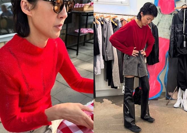 지난 6월 대선 전날 홍진경이 인스타그램에 올렸던 빨간색 니트를 입은 사진. /홍진경 인스타그램