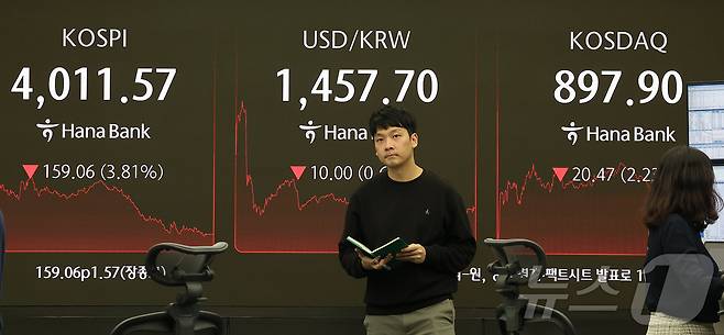 14일 오후 서울 중구 하나은행 본점 딜링룸 전광판에 증시 종가가 표시되고 있다. 2025.11.14/뉴스1 ⓒ News1 김진환 기자