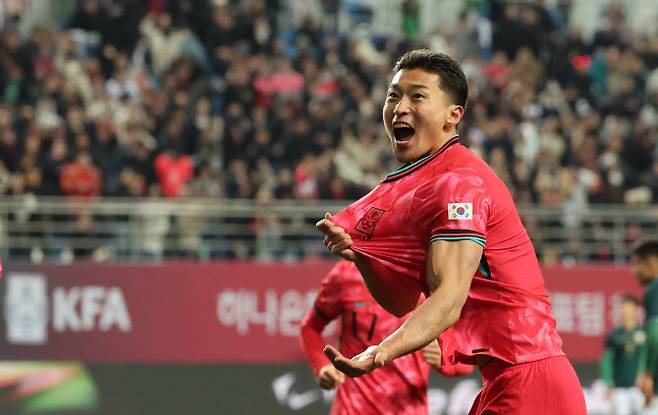 14일 대전월드컵경기장에서 열린 남자축구 국가대표 A매치 평가전 대한민국과 볼리비아의 경기. 조규성이 골을 넣은 뒤 세리머니를 하고 있다. 사진=연합뉴스