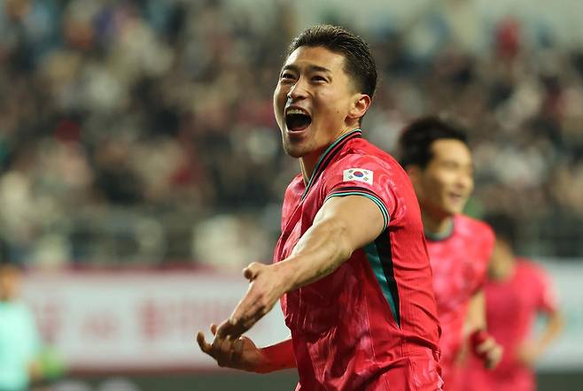 14일 볼리비아전에서 한국 축구 국가대표팀 복귀 골을 신고한 조규성. 대전=뉴스1.