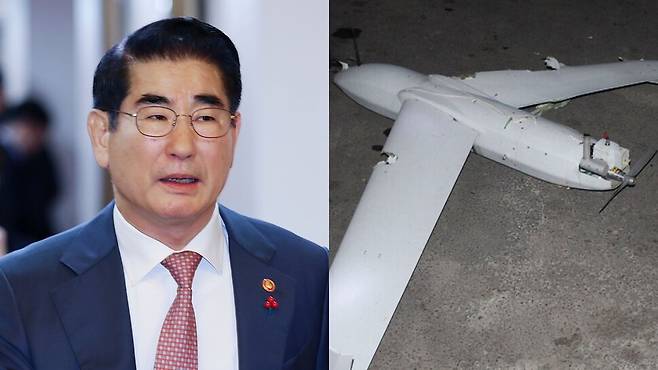 (왼쪽) 김용현 전 국방부 장관. (오른쪽) 지난해 10월 북한이 ‘남한에서 보낸 무인기’라며 공개한 사진. 조선중앙통신, 연합뉴스