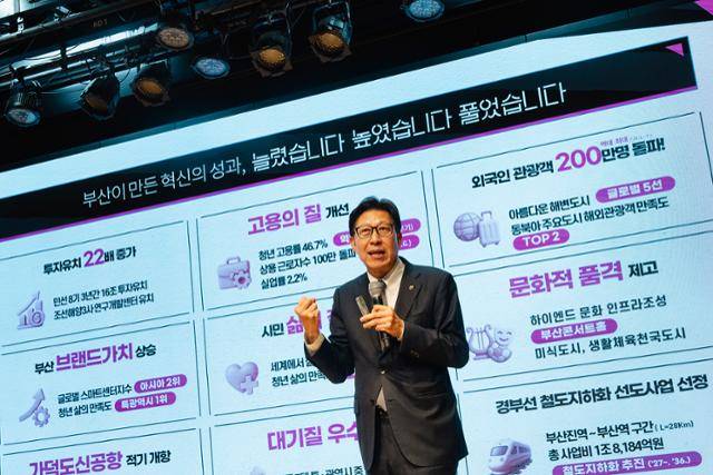 박형준 부산시장이 투자유치를 비롯해 고용, 도시 브랜드, 시민의 삶 등에서 거둔 시정 성과에 대해 설명하고 있다. 부산시 제공