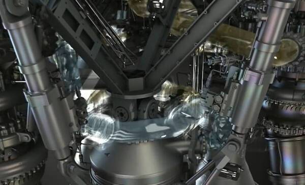 한국형 발사체 누리호의 75톤급 액체 로켓 엔진에 사용되는 터보펌프의 내부 작동 모습 이미지. 한화에어로스페이스