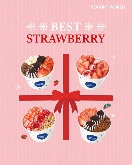 ▲요거트월드 딸기 시즌 베스트 메뉴(왼쪽 위부터 시계방향으로 딸기초코팅월드, 딸기폭탄, 두바이생딸기월드, 딸기팝팝월드) / 사진제공=요거트월드