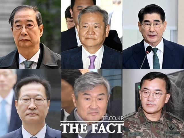 '윤석열 전 대통령 등에 의한 내란·외환 행위의 진상규명을 위한 특별검사'(내란 특검)는 윤 전 대통령 이외에도 내란에 가담한 혐의를 받는 윤석열 정부 인사들을 기소했다. 사진은 왼쪽 위부터 한덕수 전 국무총리, 이상민 전 행정안전부 장관, 김용현 전 국방부 장관. 왼쪽 아래부터 박성재 전 법무부 장관, 조태용 전 국가정보원장, 여인형 전 국군방첩사령관. /더팩트 DB.