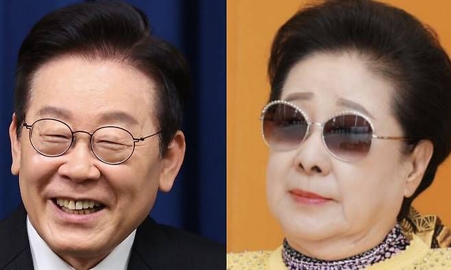 이재명 대통령(왼쪽)과 한학교 통일교 총재(오른쪽). 연합뉴스, 통일교 누리집 갈무리