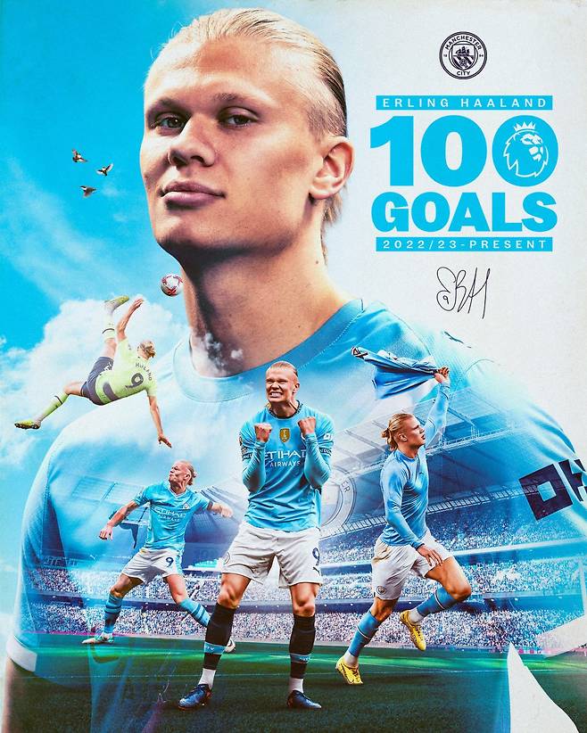 홀란은 3일(한국시간) 풀럼전서 EPL 통산 100번째 골을 넣었다. 111경기 만에 달성한 기록으로, 종전 기록 보유자인 앨런 시어러(124경기)의 기록을 앞당겼다. 사진출처|맨체스터 시티 페이스북