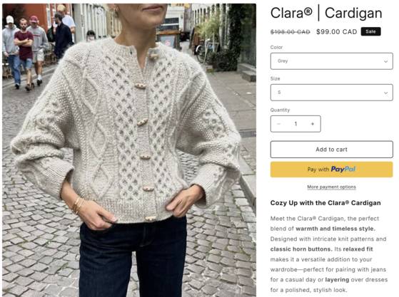 한 해외 쇼핑몰 사이트에서 뜨개 도안 작가 'Petit Knit'가 디자인한 가디건 기성품을 100 캐나다 달러에 판매하고 있다. 사진 쇼핑몰 캡쳐