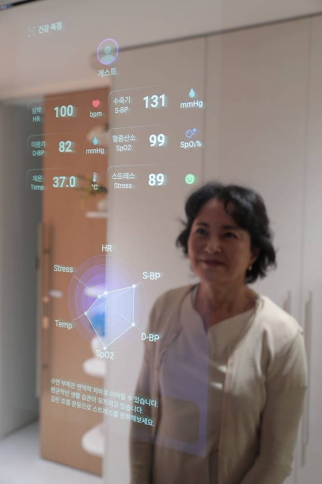 현관에 있는 스마트미러. 심박, 체온, 혈중산소 등을 측정해 준다. 홈플릭스 제공
