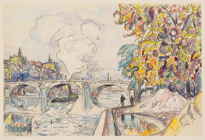 폴 시냐크, '파리: 루아얄 다리와 오르세 기차역'. 1929~1930년경. 종이에 검은 크레용과 수채. 28.8×43.3cm.