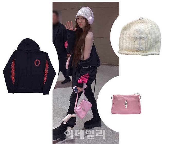 영서가 크롬하츠 비니 제품과 가디건을 착용한 모습과 제품 이미지 (사진=SNS·온라인 명품쇼핑숍 상품 캡처)