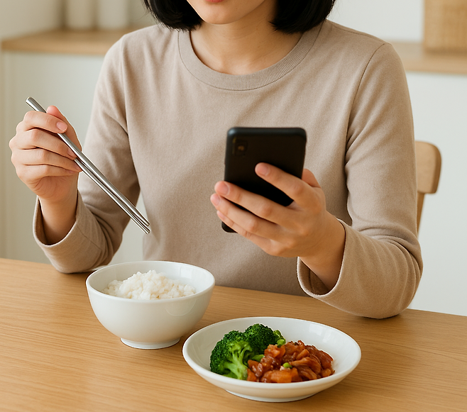 밥을 먹으며 스마트폰을 하는 사람